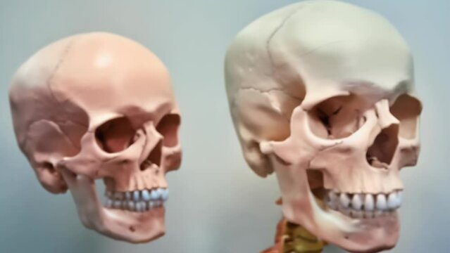 Two anatomical skulls are positioned side by side against a neutral background, offering a comparative view of their structure. 