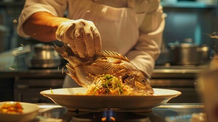 Chef plating flounder as part of a performance art piece culinary creativity on display