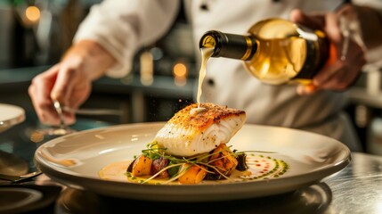 Chef pouring wine to accompany flounder dish synergy of flavors