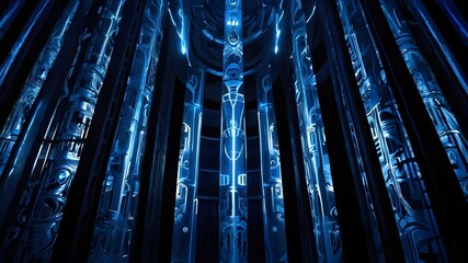Fototapeta premium Blue lights dance rhythmically, casting an ethereal glow on the sleek metallic surface they illuminate