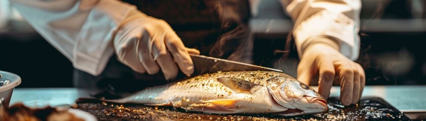 Chef preparing flounder at a medieval castle themed banquet