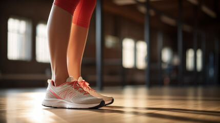 woman leg wearing shoes standing in the gym with copy space for Commercial Photography