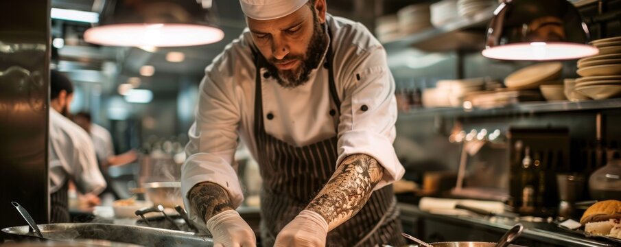 Chef preparing flounder at an underground speakeasy secretive and cool
