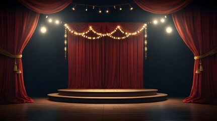 Theater stage with red curtains and garlands lights.generative.ai