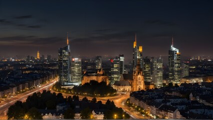 Obraz premium High resolution aerial panoramic view of Frankfurt, Germany after sunset.