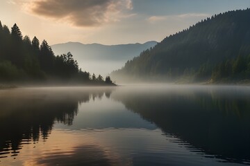 Fototapeta na wymiar Dramatic morning scene of Lacu Rosu lake. Misty summer sunrise in Harghita County, Romania, Europe. Generative AI 
