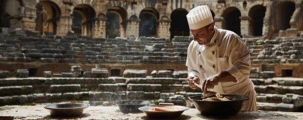 Chef preparing flounder in an ancient amphitheater dramatic and historic