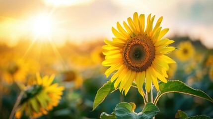 Blooming sunflower in the field with blurred natural background