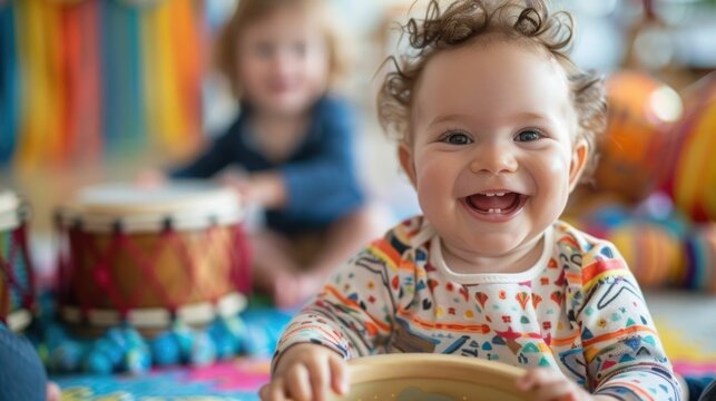 Cheerful Toddler Exploring Music and Rhythm in Engaging Learning Session