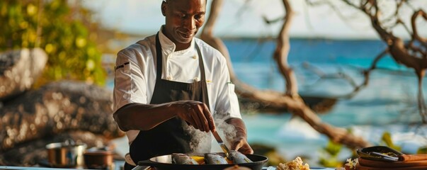 Chef preparing flounder on a secluded island exclusive getaway dining