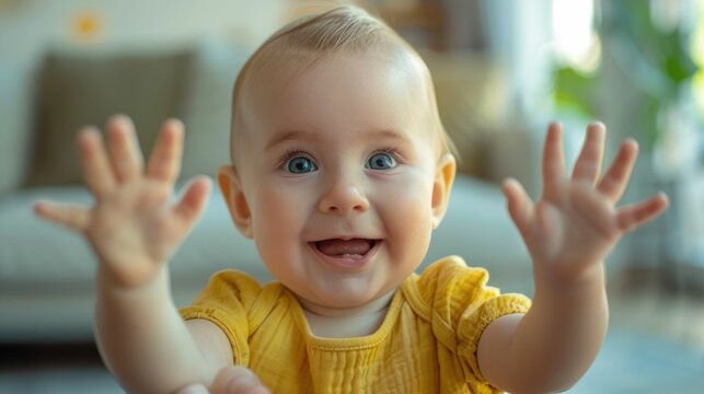 Delighted Baby Exploring Early Communication Through Joyful Hand Gestures and Sign Language