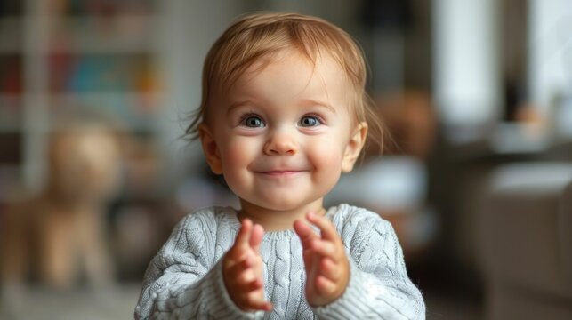 Joyful baby smiling at early communication skill development through infant sign language