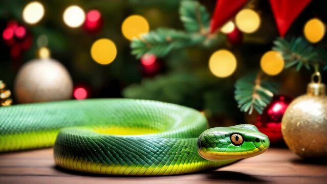 Green tree snake crawling on wooden floor with spruce branches, golden balls and twinkling garland lights on blurred background