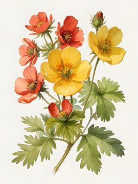 Cinquefoil Flower Watercolor Plant Nature Art