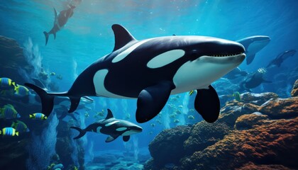 Fototapeta premium The Orcinus Orca in the ocean, portrait of Orca hunting prey in the underwater