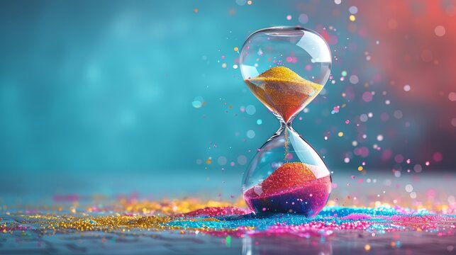A vibrant hourglass filled with multicolored glitter against a bright, bokeh background, showcasing the beauty of time and color.