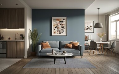 Modern interior design of apartment, empty living room with blank blue wall, dining room with table and chairs, interior background, navy blue color