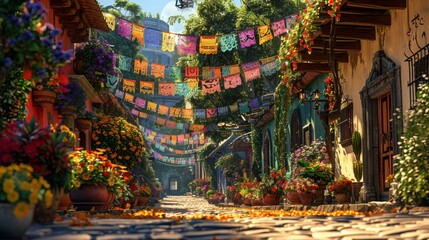 Fototapeta premium Floral Decorations in Sunny Mexican Street