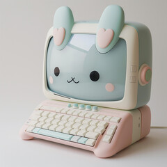 A cute pastel computer with a face and bunny ears.