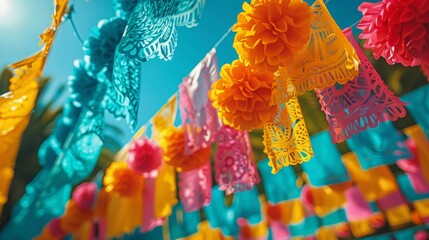 Fototapeta premium Colorful Papel Picado Garland in Tropical Setting