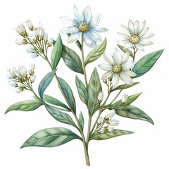 A beautiful watercolor painting of a jasmine flower. The delicate petals are white and the leaves are a soft green. The jasmine flower is a symbol of purity and beauty.
