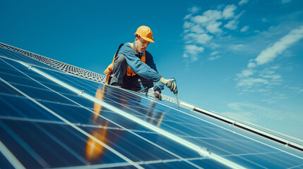 A technician is busy repairing solar panels on the roof of a house. With appropriate protective clothing and equipment, Ai generated Images