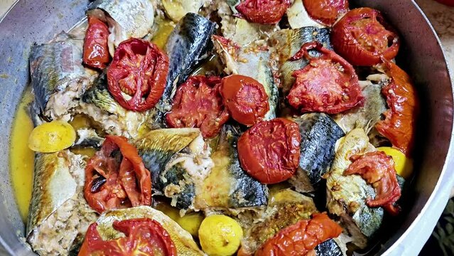 Mackerel fish, baked and cooked with tomatoes, different species of pelagic fish, mostly from the family Scombridae, Mackerel species typically have deeply forked tails and vertical tiger-like stripes