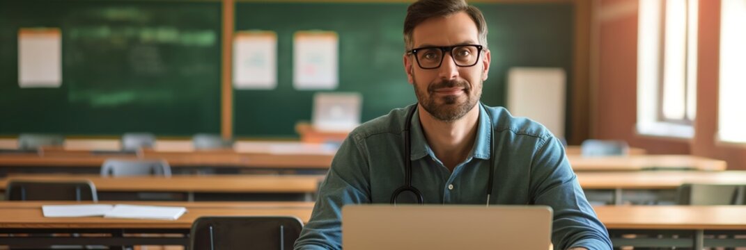 A male teacher sitting alone with his laptop in a modern classroom setting