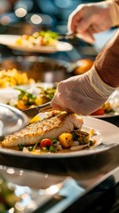 Obraz premium Chef serving flounder at a philanthropic gala event noble and elegant