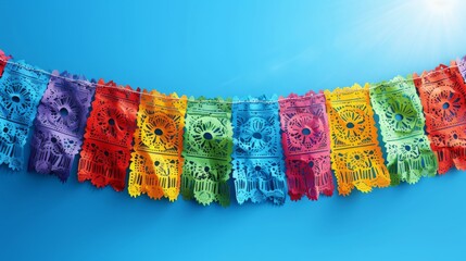 Bright Papel Picado Banners Against Blue Background