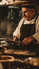 Chef serving flounder at a silent film screening nostalgic and thematic