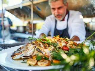Chef serving flounder at an autumn harvest festival seasonal ingredients