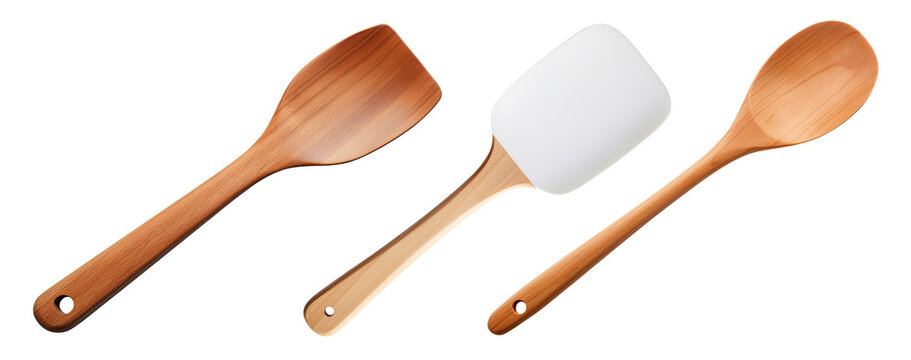 Three wooden spatulas isolated on transparent background, top view