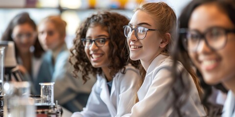 A group of diverse young students engaging attentively in a science experiment in a modern classroom