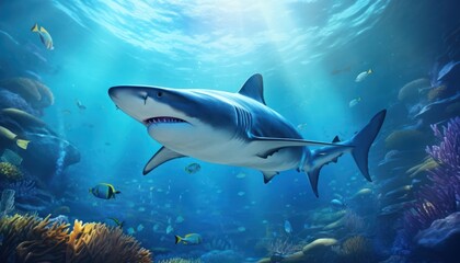 Great white shark in the ocean, portrait of White shark hunting prey in the underwater