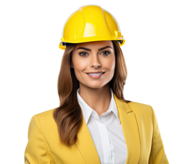 Businesswoman in a yellow safety hat isolated on transparent background