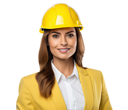Businesswoman in a yellow safety hat isolated on transparent background