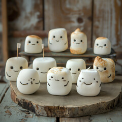 A group of cute and funny marshmallow characters with different facial expressions.