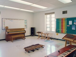 An elementary music classroom with a piano, xylophones, and a sound system.
