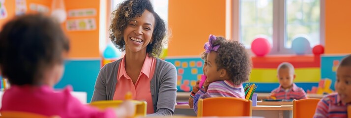 Happy teacher interacting with diverse preschool children in a colorful classroom