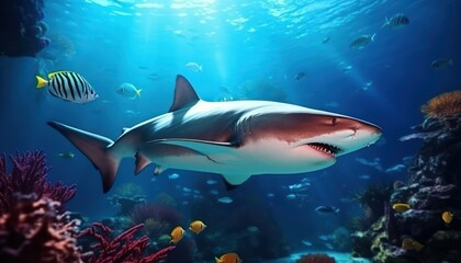 Obraz premium Great white shark in the ocean, portrait of White shark hunting prey in the underwater