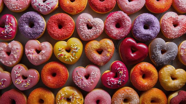 An endless array of heart shaped sweet donuts in vibrant colors forms a captivating pattern when viewed from above leaving plenty of space for your own message