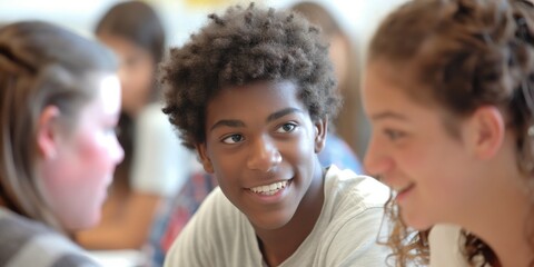 Obraz premium Cheerful young boy engaging in a conversation with his female classmates at school