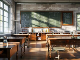 A high school chemistry lab with lab tables, safety equipment, and a chalkboard.