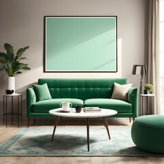 Stylish living room interior with green Sofa, coffee table, design lamp and mock-up poster decoration. Generative ai