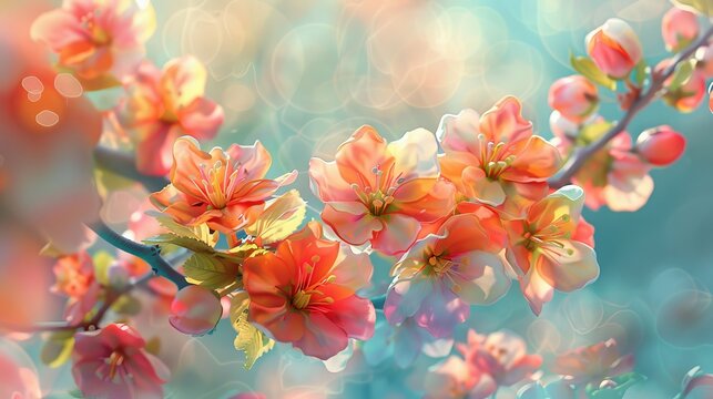 watercolor The image shows a beautiful branch of a flowering tree with delicate pink and orange blossoms against a soft blurred background in pastel colors.