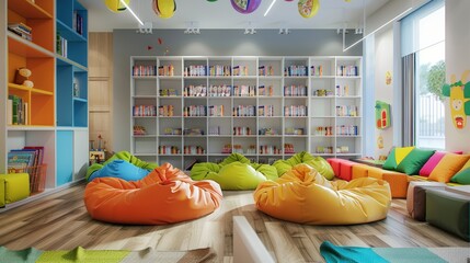 A kindergarten reading nook with colorful bean bags and bookshelves.