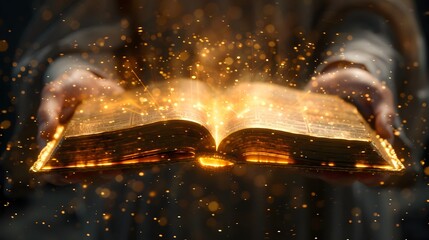 Hands Holding Open Book Radiating Golden Light and Beams of Radiance Representing Enlightened Thinking and Conceptual Imagery