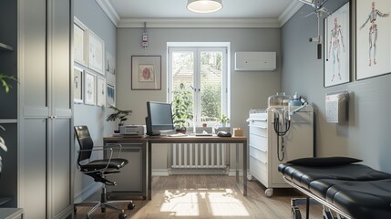 A modern doctor's office with a sleek desk, anatomical posters, and a stethoscope.