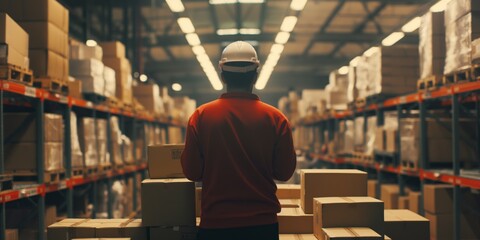 A warehouse worker in a safety helmet stands amidst rows of neatly stacked boxes, overseeing stock